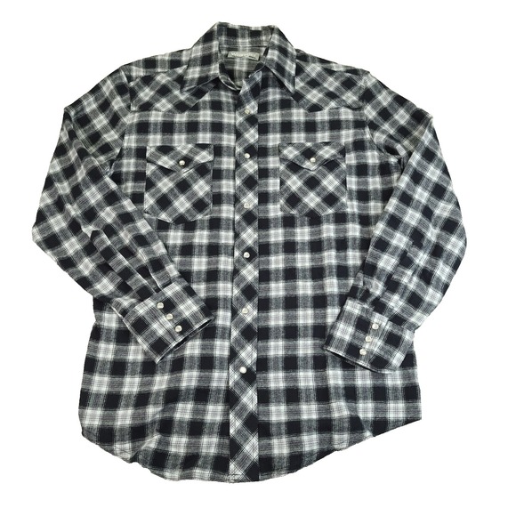 Wrangler Other - Wrangler Wrancher Shirt Men Medium Regular Fit Black White Plaid Pearl Snap Soft